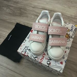 Dolce & Gabbana White and Light Pink Logo Strap Kids Sneakers